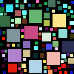 Lots of colorful square shapes on a black background.