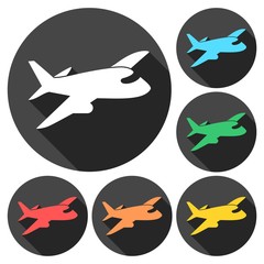 Plane icons set with long shadow