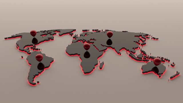 3d Black World map and red light with colored pins