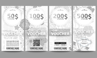 Set of modern gift voucher templates. Hand drawn floral doodle pattern, abstract vector background
