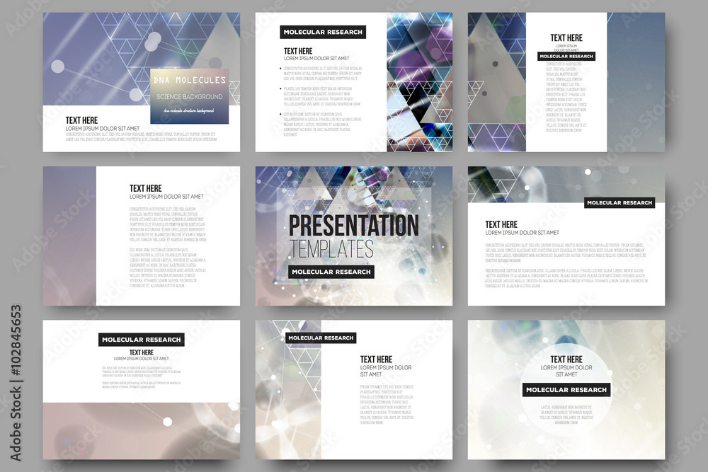 Poster set of 9 vector templates for presentation slides. dna molecule structure on a blue background.