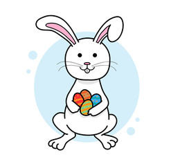 Easter Bunny, a hand drawn vector illustration of an Easter bunny holding Easter eggs, isolated on a simple background (editable).