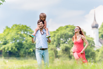 Family walking on meadow having walk