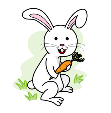 Bunny with Carrot, a hand drawn vector illustration of a bunny holding a carrot, isolated on simple background (editable).