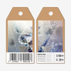 Vector tags design on both sides, cardboard sale labels with barcode. DNA molecule structure. Science background