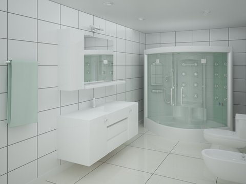 Interer spacious bathroom with white tiles.
