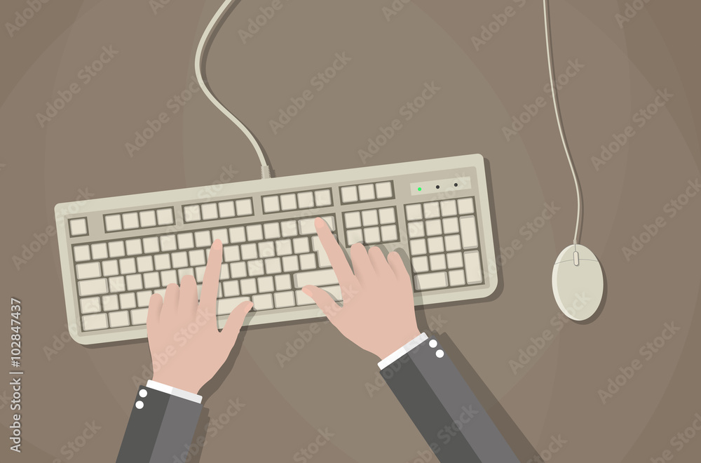 Poster user hands on keyboard and mouse of computer.
