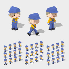 Low poly worker with blond hair, in the blue jumpsuit, yellow shirt and black shoes. 3D lowpoly isometric vector illustration. The set of objects isolated against the white background and shown from
