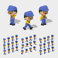 Low poly worker with dark hair, mustache, in the blue jumpsuit, yellow shirt and black shoes. 3D lowpoly isometric vector illustration. The set of objects isolated against the white background and