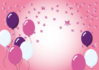 Color party balloons. Sweet pink background with stars. Wishes for Valentine's Day, girly celebration, birth of a baby girl, invitation to a romantic event. Celebration vector background.
