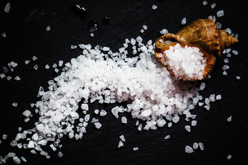 Sea salt in a shell on a dark stone background, top view