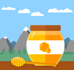 glass of honey on a table in nature flat design mountains clouds sky trees forest in background - 102848696