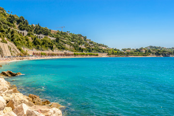 View of luxury resort Villefranche-sur-Mer and bay on French Riviera at Mediterranean Sea. Cote d'Azur. France. Villefranche-sur-Mer adjoins city of Nice to the east and 10 km south west of Monaco.