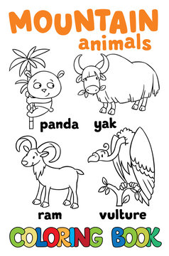 Set of funny mountain animals. Coloring book