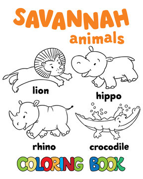 Set of funny savannah animals. Coloring book