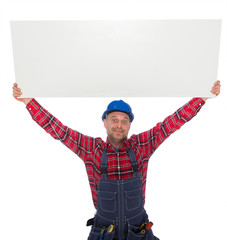 construction worker  with  banner , plumber with   information posters
