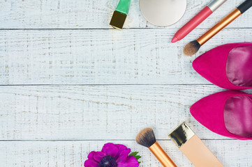 Still life of fashion woman. Modern female accessories. Feminine cosmetic background. Overhead of...