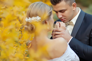 Bride and groom in autumn forest 