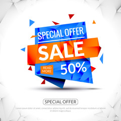 Super Big Sale paper origami banner. Sale background. Big sale tag. Sale advertising coupon. Sale concept. Huge Sale and special offer. 50 percents off. Vector illustration.