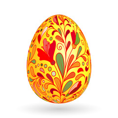 Colorful easter egg with ornate doodle floral decoration. Colorful floral pattern on yellow egg.