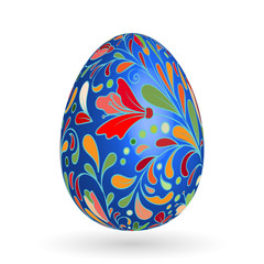 Colorful easter egg with ornate doodle floral decoration. Colorful floral pattern on blue egg.