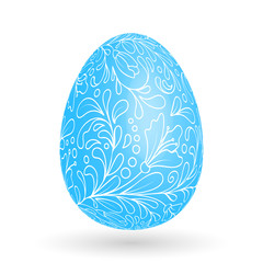 Vector illustration of  floral  easter egg on white background. White floral pattern on blue egg.