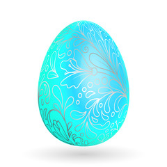 Vector illustration of  floral  easter egg on white background. Silver floral pattern on blue egg.
