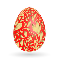 Vector illustration of  floral  easter egg on white background. Gold floral pattern on red egg.