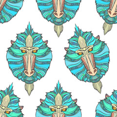 Seamless pattern monkey coloring outlines in boho style. Ethnic hare. Pattern with blue mandrill print on T-shirts, cover, postcards. Easter stylish, elegant monkey. Textile, fabric design. Print