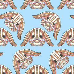 Seamless pattern rabbit coloring outlines in boho style. Ethnic hare. Tagged with cute bunny print on T-shirts, cover, postcards. Easter stylish, elegant rabbit. Tattoo design. Textile, fabric design.