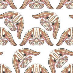 Seamless pattern rabbit coloring outlines in boho style. Ethnic hare. Tagged with cute bunny print on T-shirts, cover, postcards. Easter stylish, elegant rabbit. Tattoo design. Textile, fabric design.