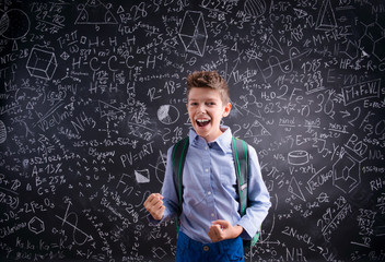Excited and victorious boy against blackboard with mathematical 