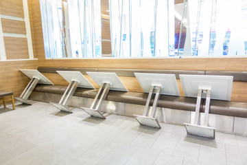 Wooden Table top with close Restaurant Background