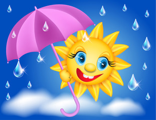 Sun with umbrella and raindrops