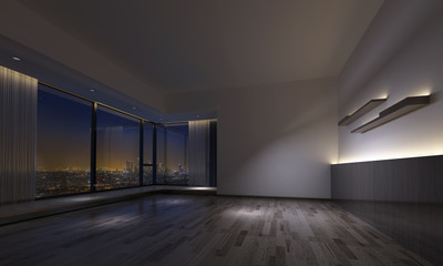 Dimly lit empty room facing urban skyline