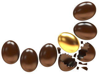 Chocolate eggs and one golden egg isolated on white background