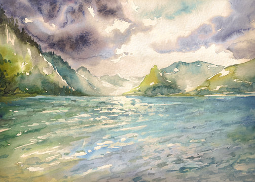 Summer landscape with mountain lake painted with watercolors