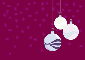 Christmas decorations - beautiful glass balls. Purple background with snowflakes. Christmas vector illustration. Christmas vector background.