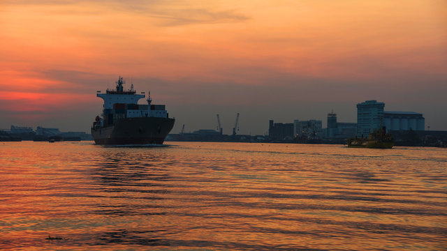 Cargo ship with twilight sky, Bangkok