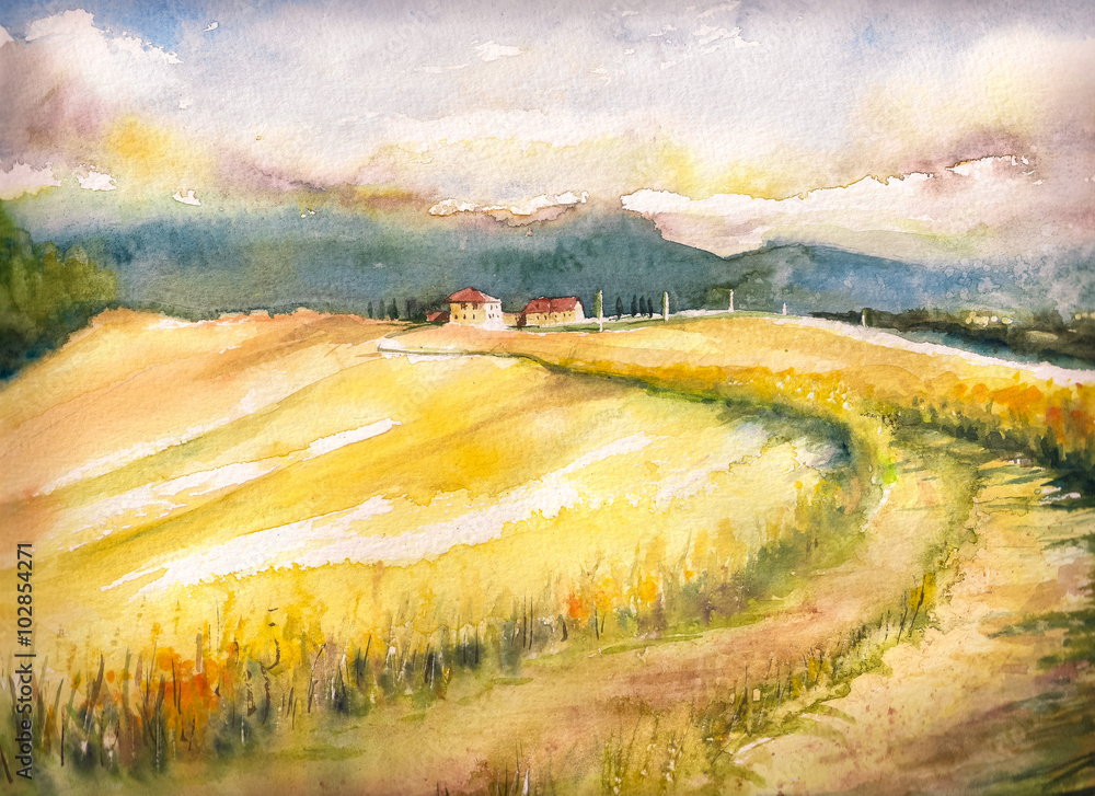 Sticker country landscape with typical tuscan hills in italy. watercolors painting.