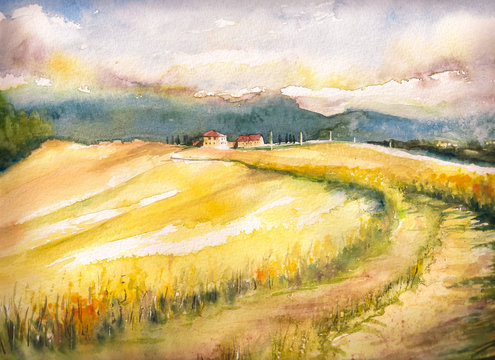 Country landscape with typical Tuscan hills in Italy. Watercolors painting. 