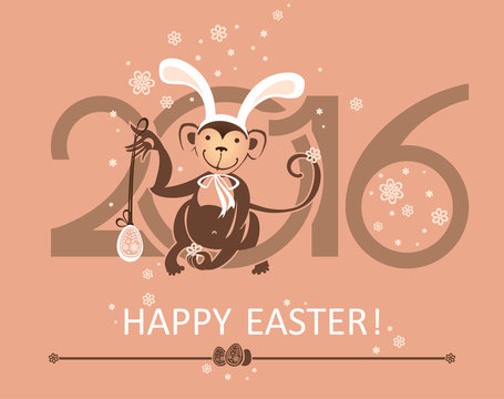 Happy Easter 2016.  Fun Card with a monkey in rabbit ears mask.