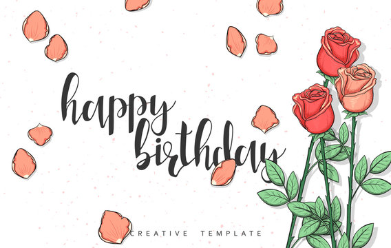 Design postcard with roses and calligraphy congratulation in sketch style. Happy birthday design with calligraphy poster print. Greeting card with calligraphy and sketch background. Calligraphic quote