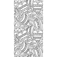 Vector doodle hearts seamless border. Zentangle decorative element. Color book page.