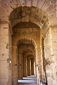 Tunisia. El Jem (ancient Thysdrus). Ruins of the largest colosseum in North Africa - inside