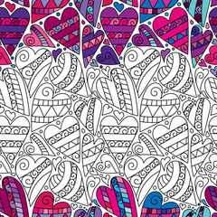Naklejka premium Hand drawn artistically ethnic ornamental seamless pattern with heart and romantic doodle elements of St. Valentine's day, zentangle vector illustration for coloring book, pages, t-shirt or prints.