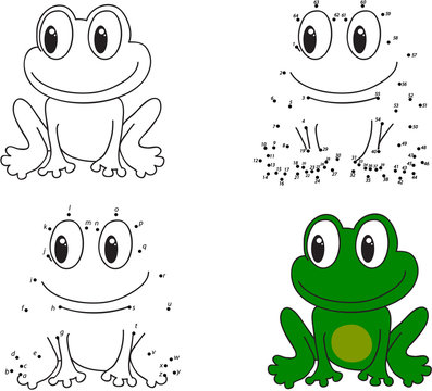 Cartoon frog. Coloring book and dot to dot game for kids