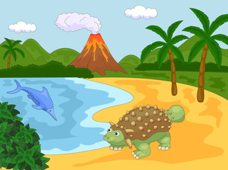 Fototapeta na wymiar Funny cute ichthyosaurus and ankylosaurus on the background of a