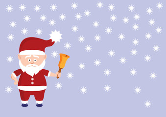 Cute santa claus with a bell. The magic of Christmas with a cute Santa on background with snowflakes. Christmas background. Vector illustration Christmas
