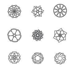 Logo element set. Abstract shapes forming circles, stars, hexagons and other shapes. Linear design. Vector sign template. 